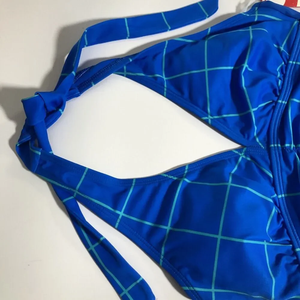 Spanx Tankini Swimsuit Womens 6 Blue Green Ruched Halter Windowpane Slimming New